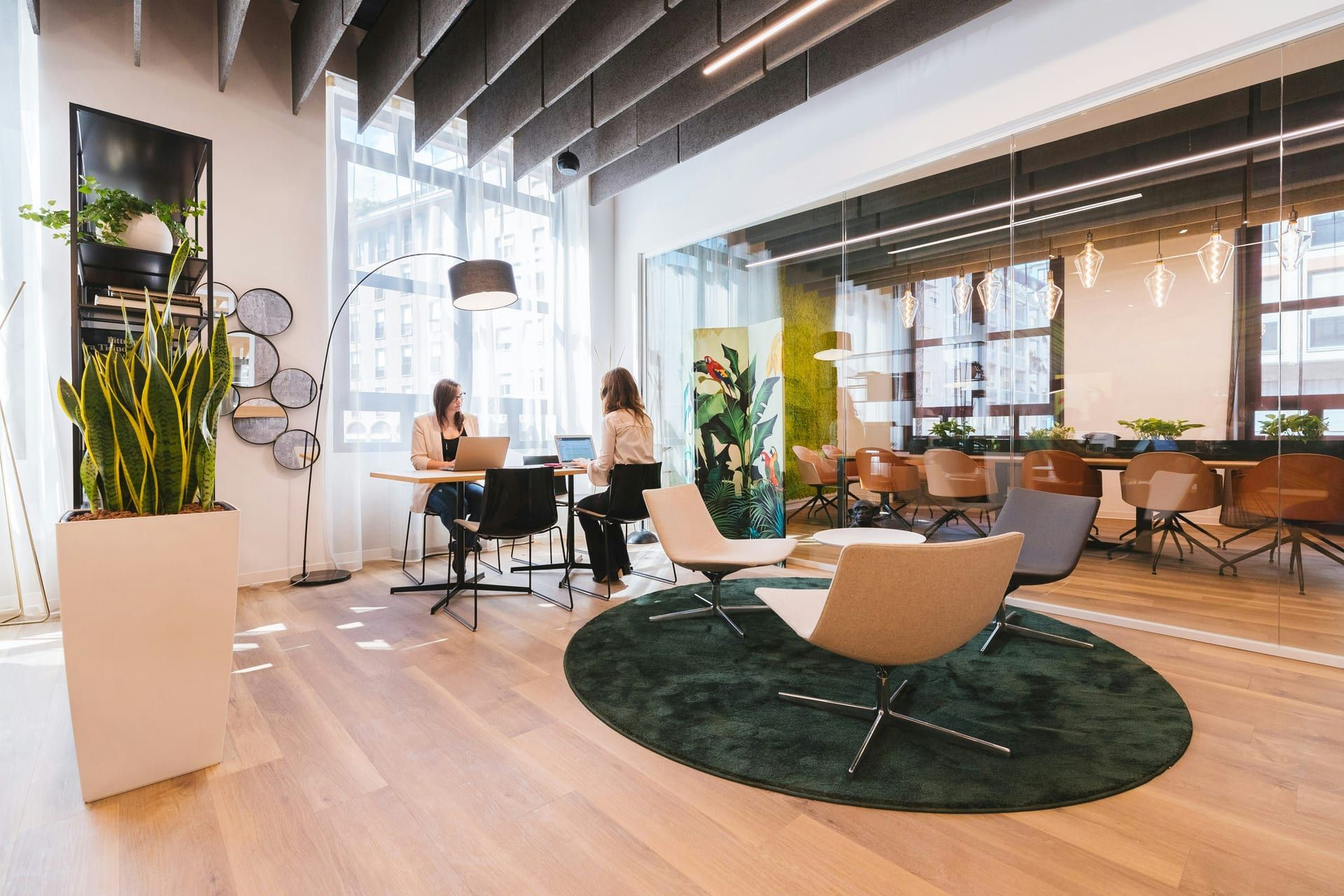 Helles, modernes Büro mit Lounge-Bereich, Pflanzen und Besprechungsraum hinter Glaswand